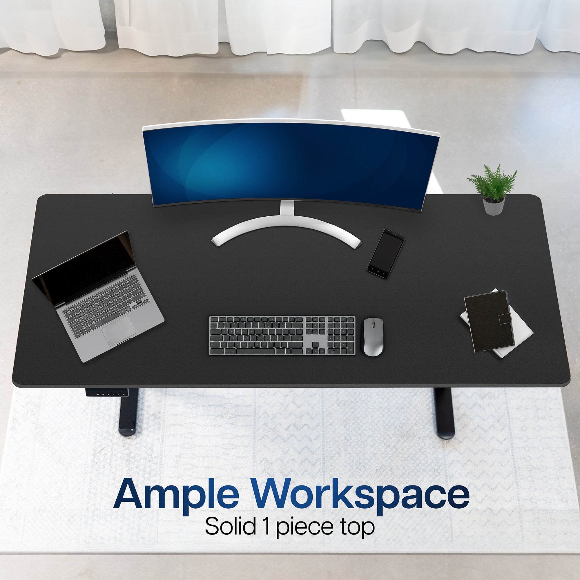 Durable tabletop for sit-stand desk workstation with wide surface.