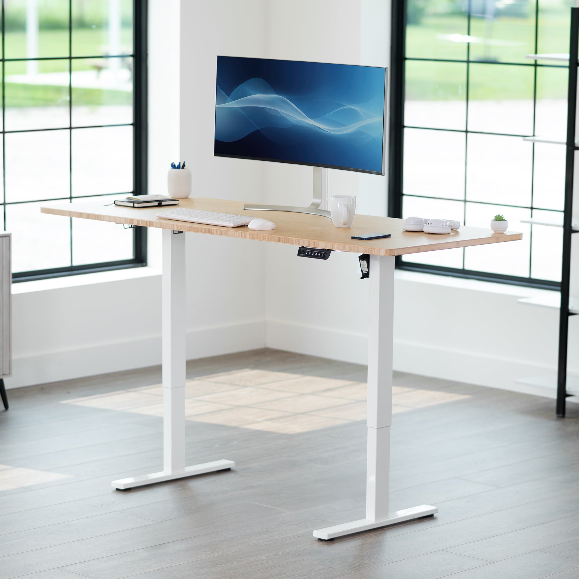 Real bamboo durable tabletop for sit-stand desk workstation with wide surface.