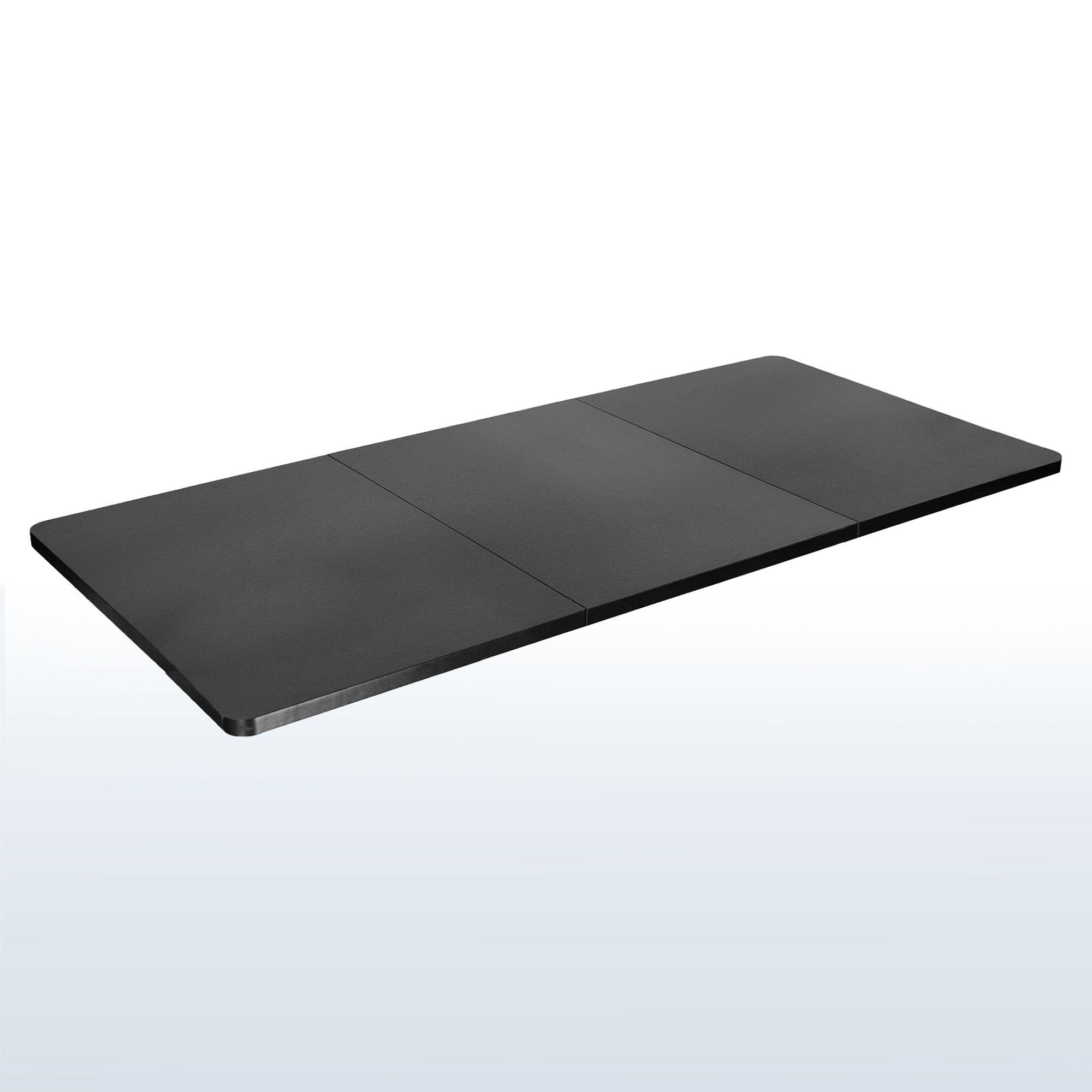Durable sit to stand desk tabletop workstation with three-panel wide surface space.