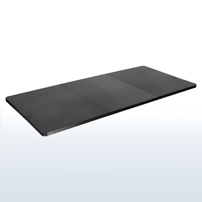 Durable sit to stand desk tabletop workstation with three-panel wide surface space.