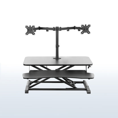 Sturdy height adjustable desk converter with articulating dual monitor mount.
