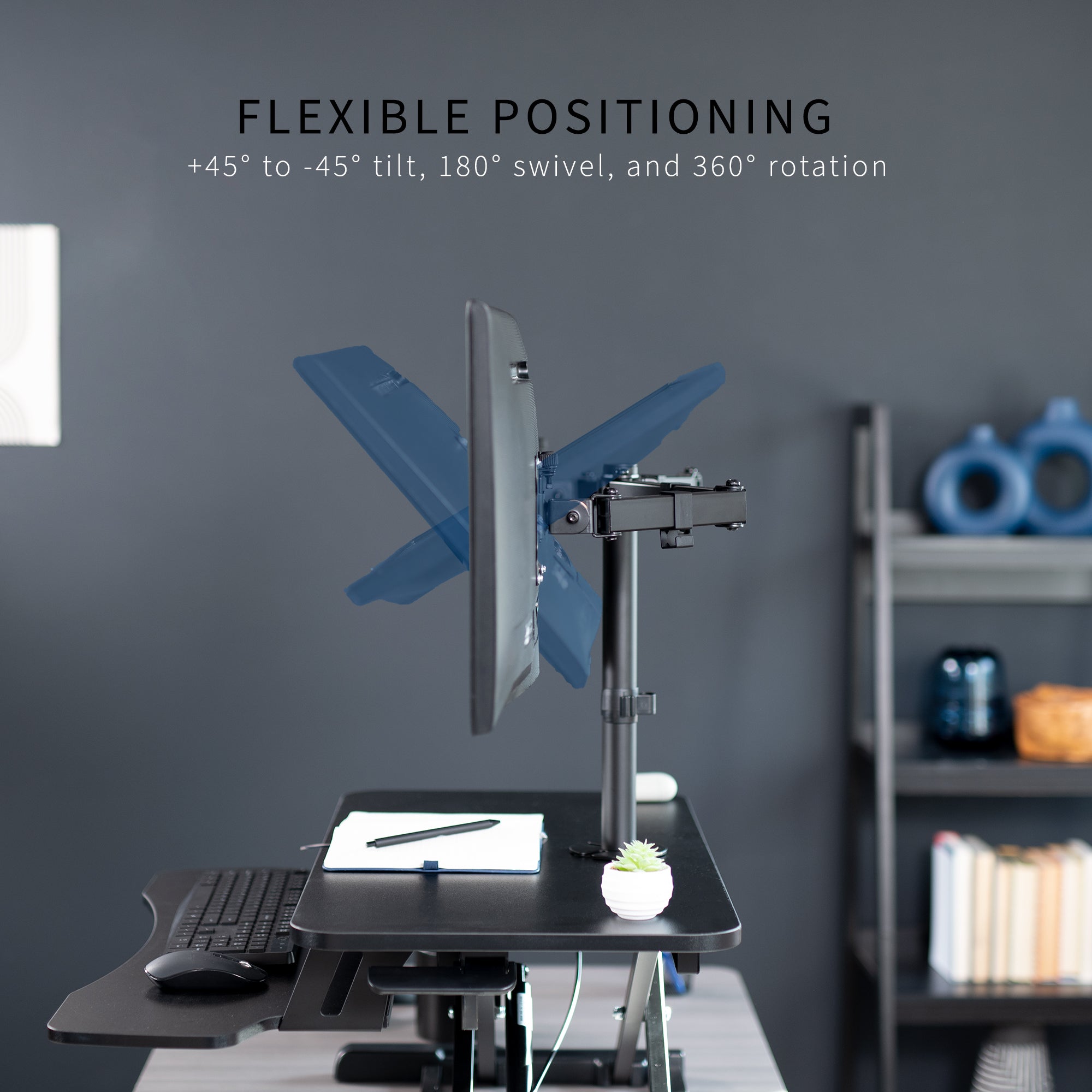 Sturdy height adjustable desk converter with articulating dual monitor mount.