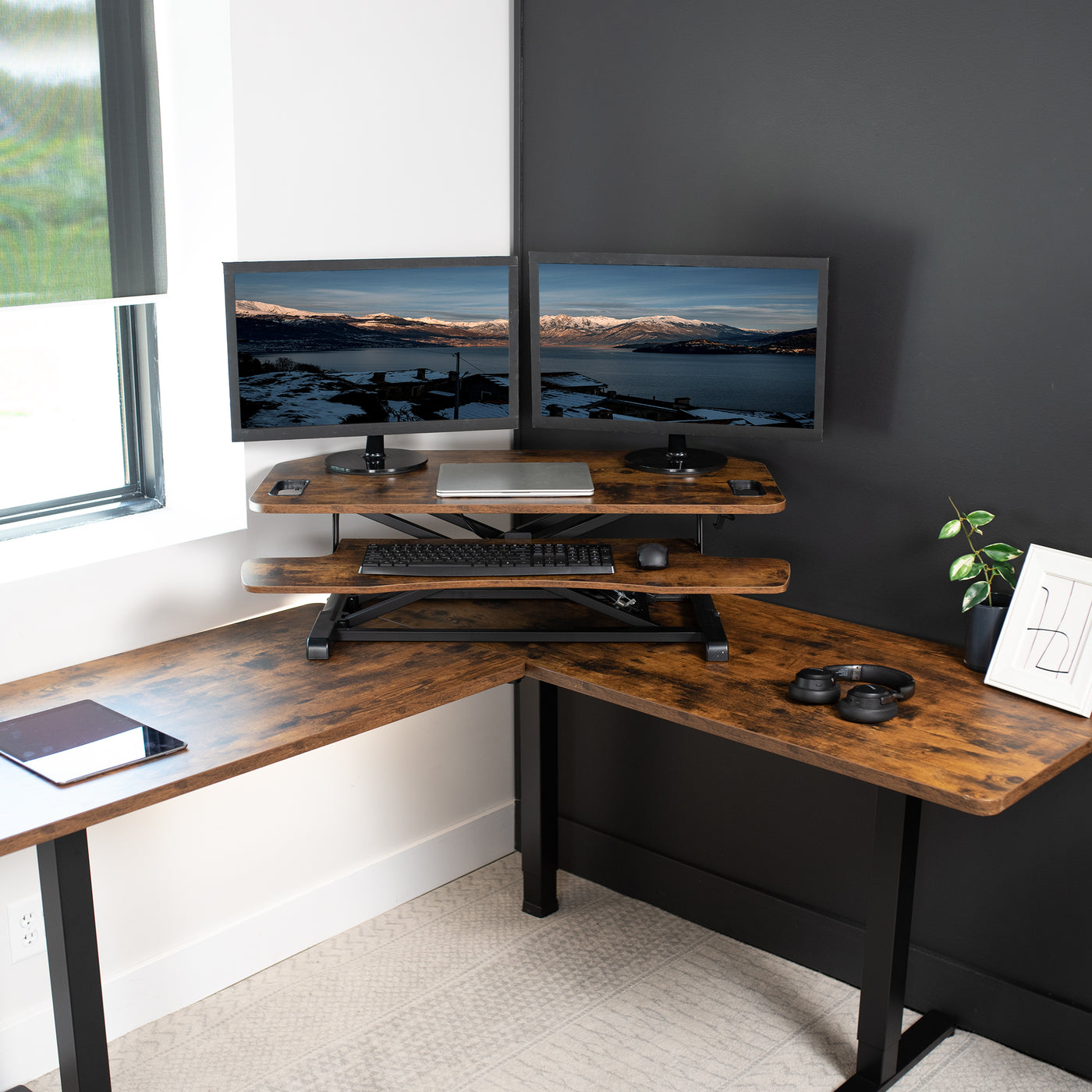 Heavy-duty, rustic, height adjustable desk converter monitor riser with 2 tiers.