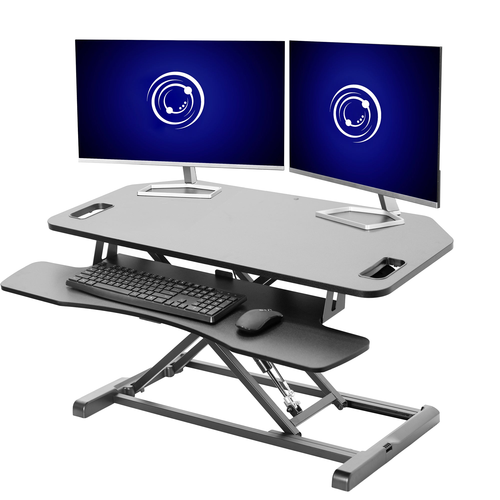 Heavy-duty height adjustable desk converter monitor riser with 2 tiers.