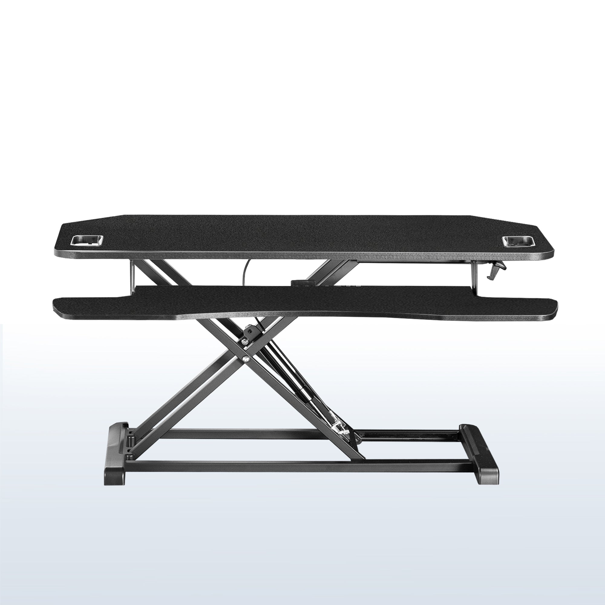 Heavy-duty height adjustable desk converter monitor riser with 2 tiers.