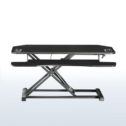 Heavy-duty height adjustable desk converter monitor riser with 2 tiers.