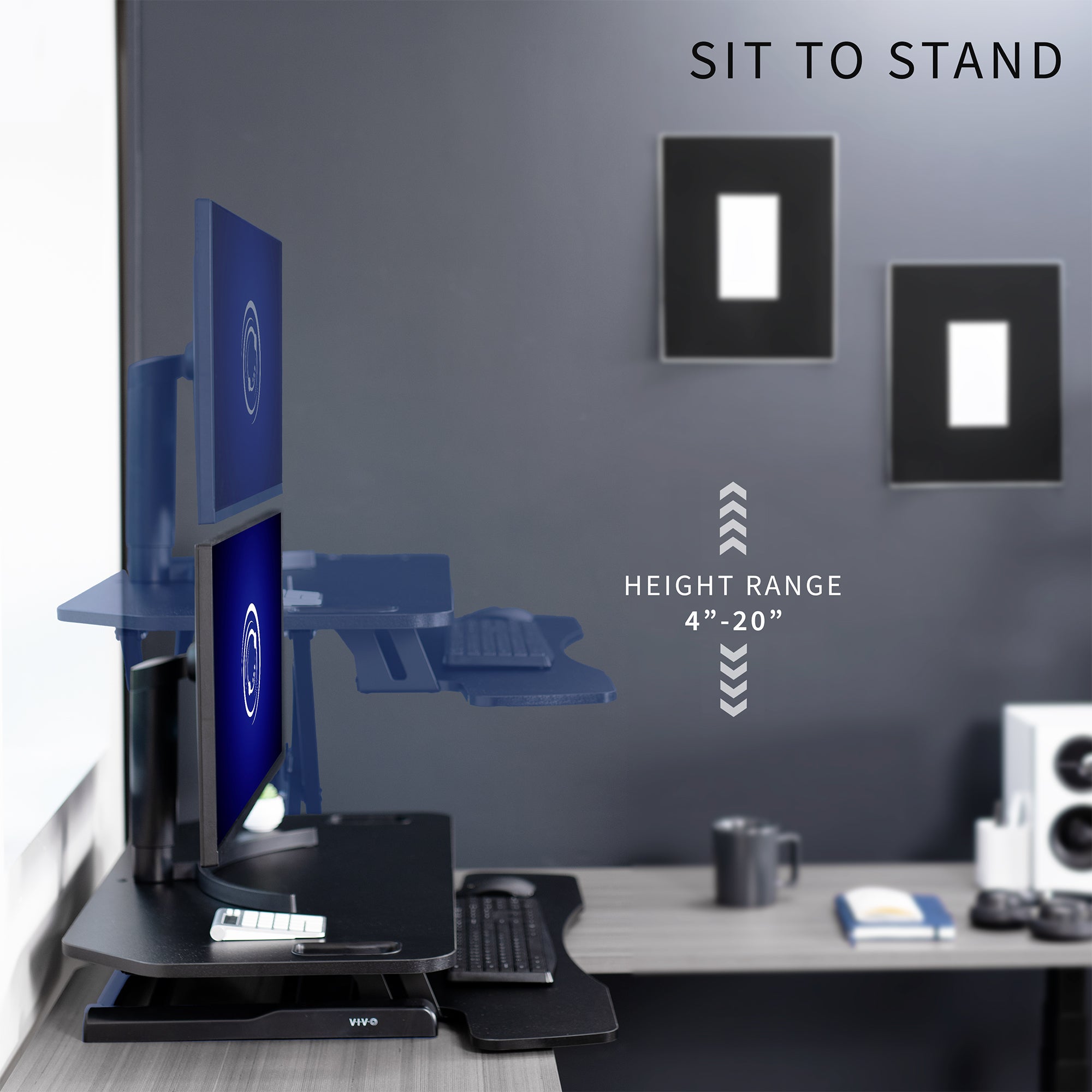 Heavy-duty height adjustable desk converter monitor riser with 2 tiers.