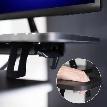 Heavy-duty height adjustable desk converter monitor riser with 2 tiers.