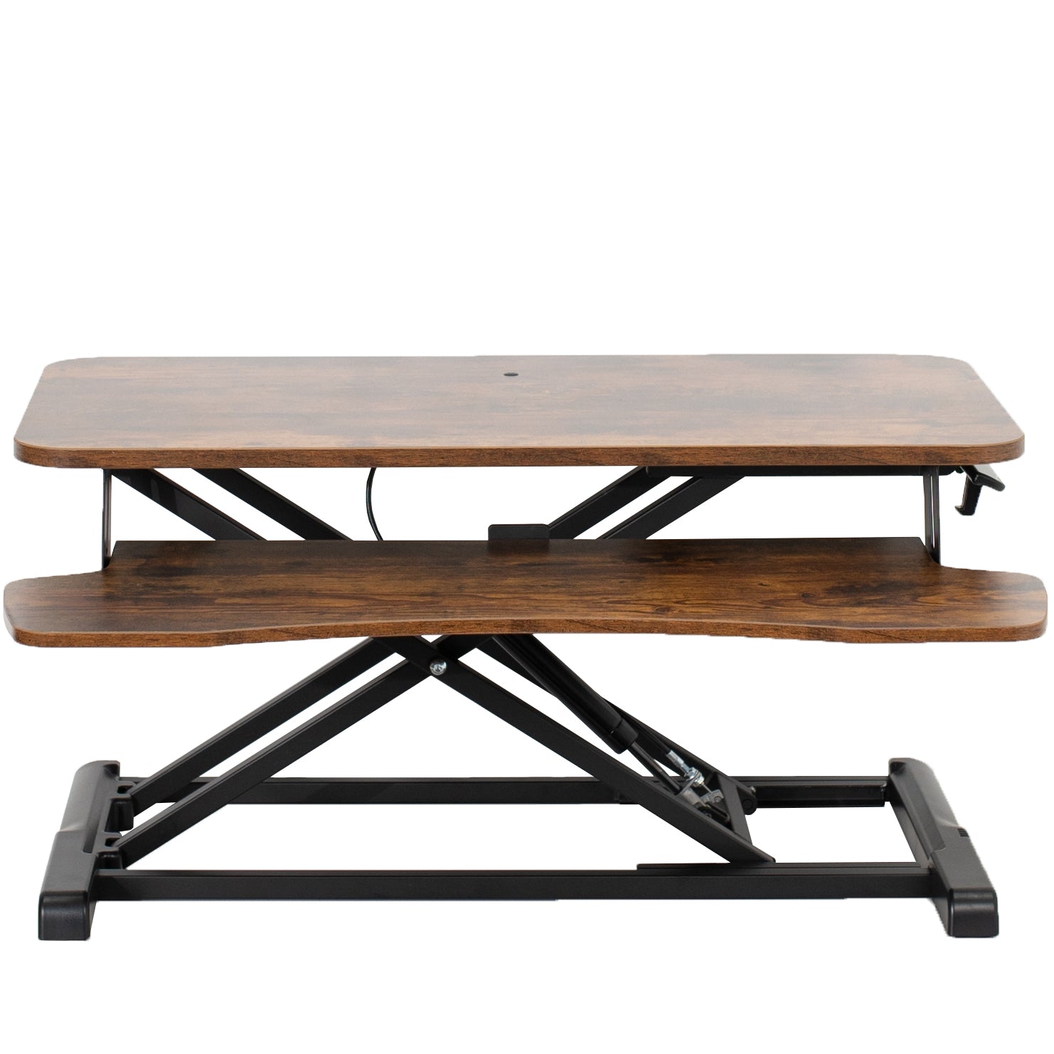 Sturdy height adjustable 2-tiered rustic desk riser for ergonomic office workstation.