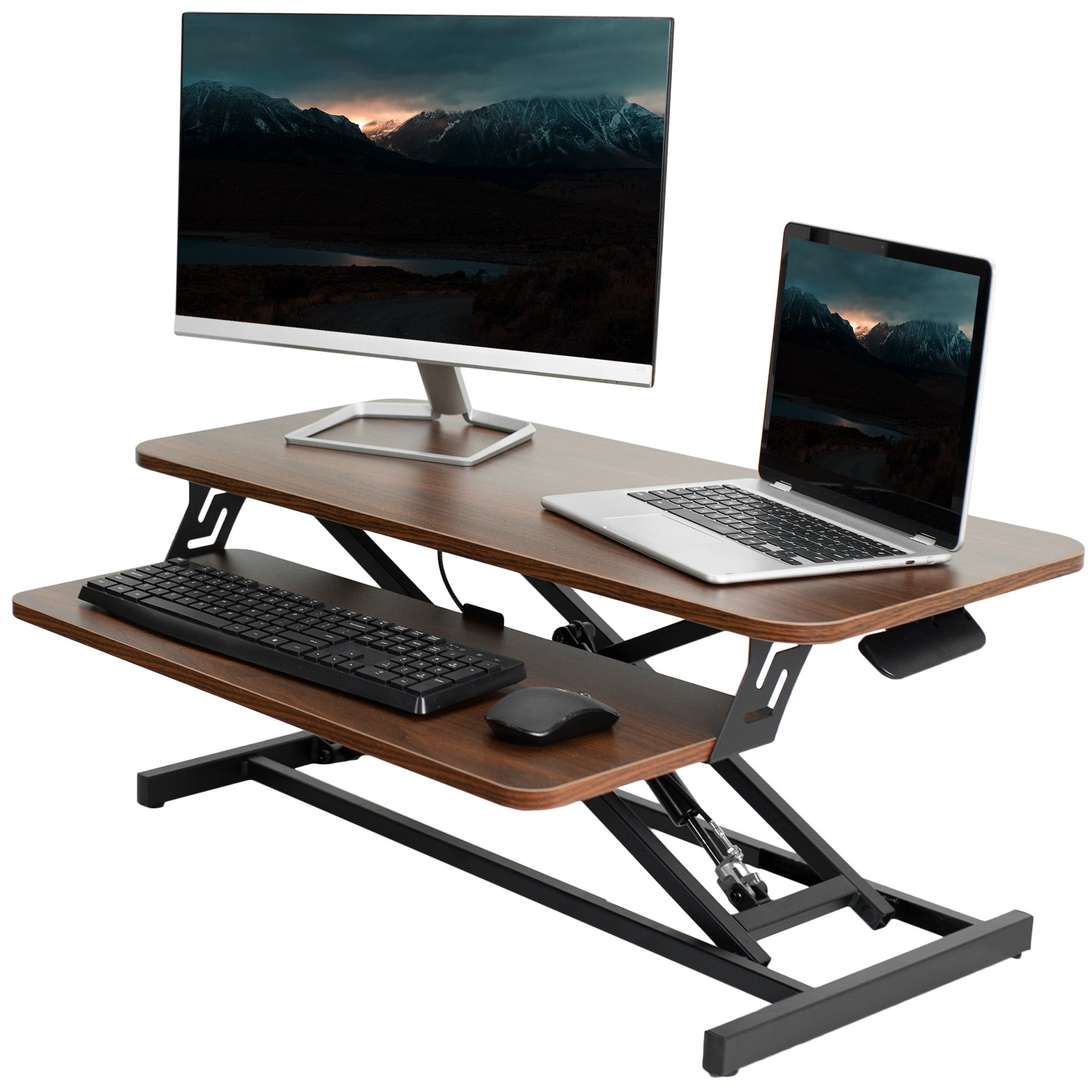 Heavy-duty height adjustable desk converter monitor riser with 2 tiers.