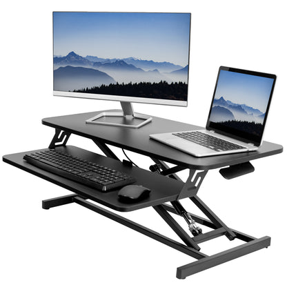 Heavy-duty height adjustable desk converter monitor riser with 2 tiers.