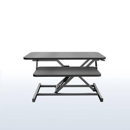 Heavy-duty height adjustable desk converter monitor riser with 2 tiers.
