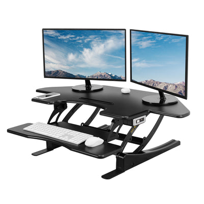 Heavy-duty height adjustable corner desk converter monitor riser with 2 tiers.