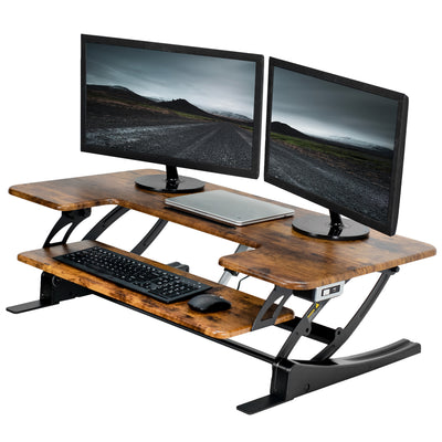 Heavy-duty, rustic, height adjustable desk converter monitor riser with USB port.