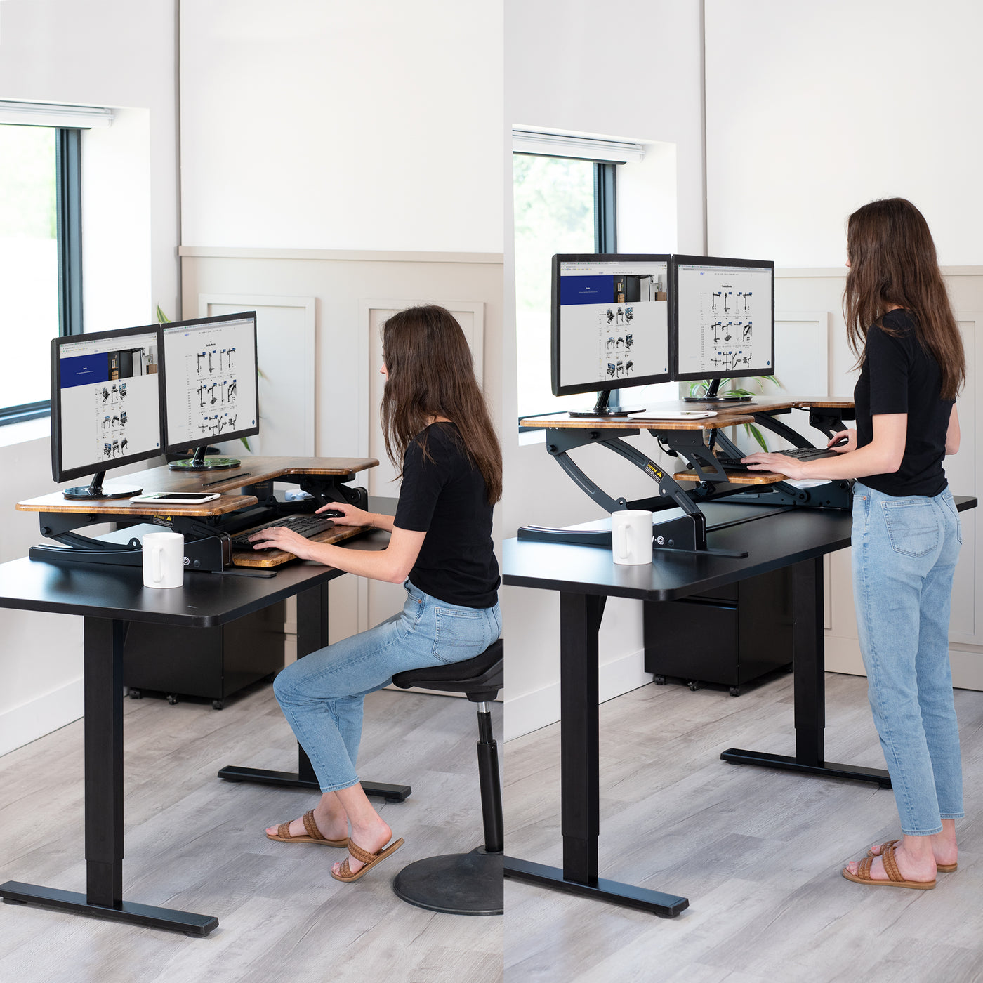 A female working while sitting and standing in an office with a sit-to-stand, rustic, desk converter.