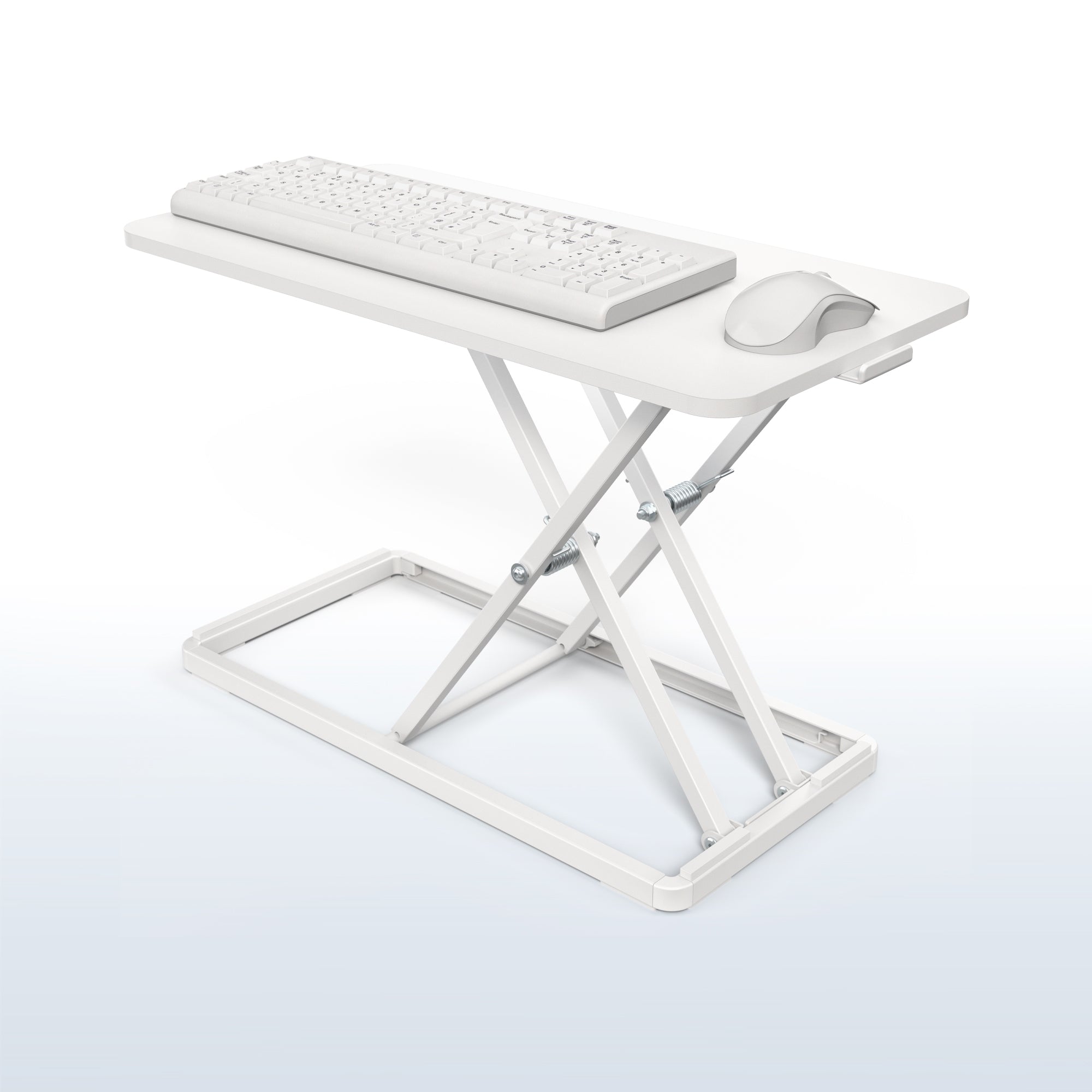 White desk converter with keyboard and mouse on a white and blue gradient background