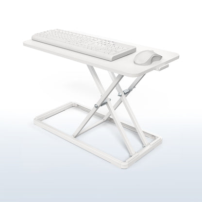 White desk converter with keyboard and mouse on a white and blue gradient background