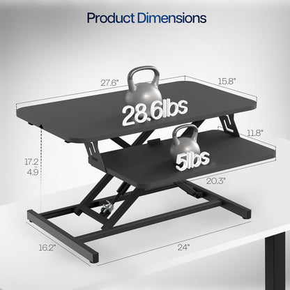 Compact height adjustable desk converter monitor riser with 2 tiers.
