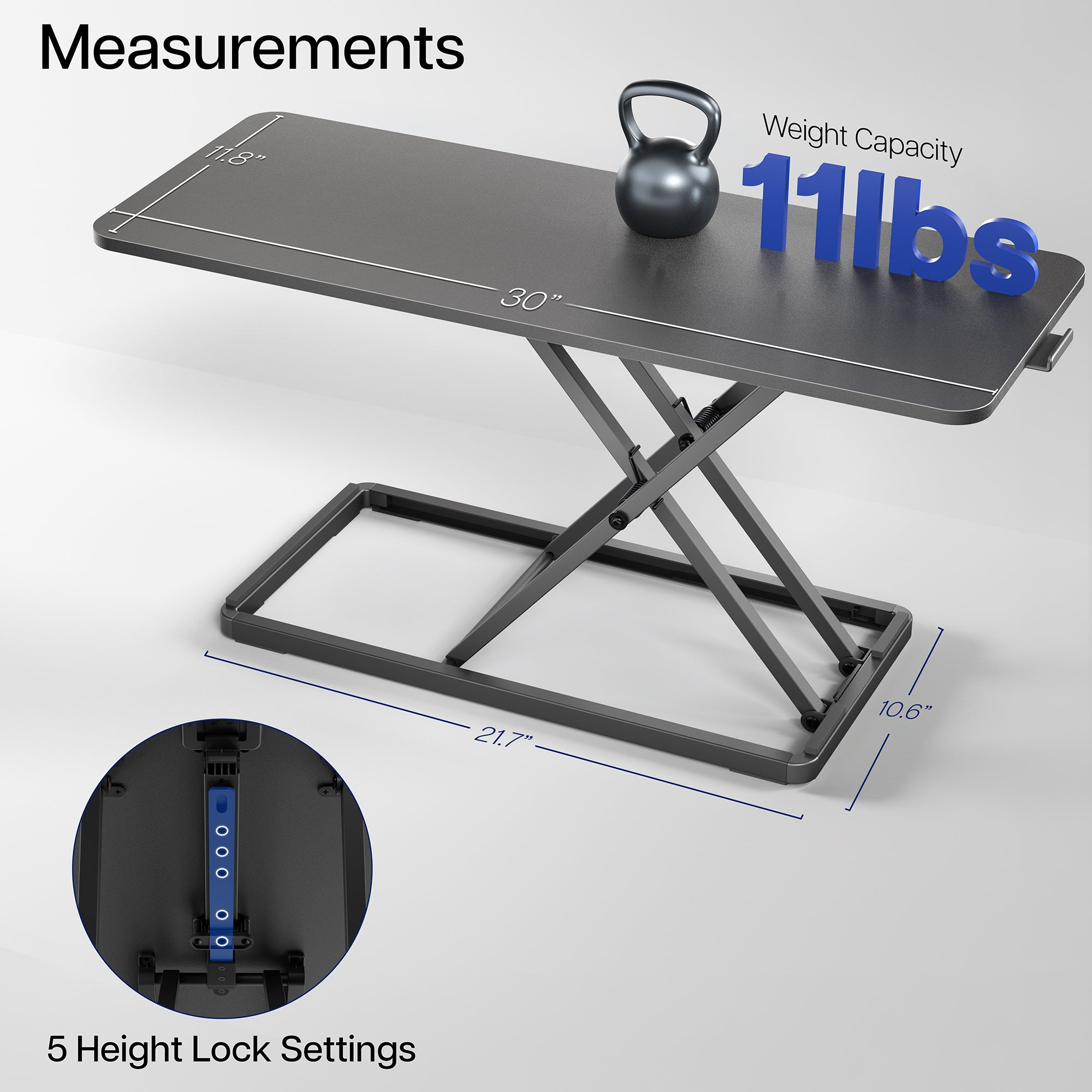 Portable keyboard desk riser with measurements and weight capacity displayed on a white background