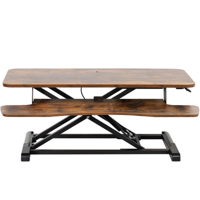 Sturdy height adjustable 2-tiered rustic desk riser for ergonomic office workstation.