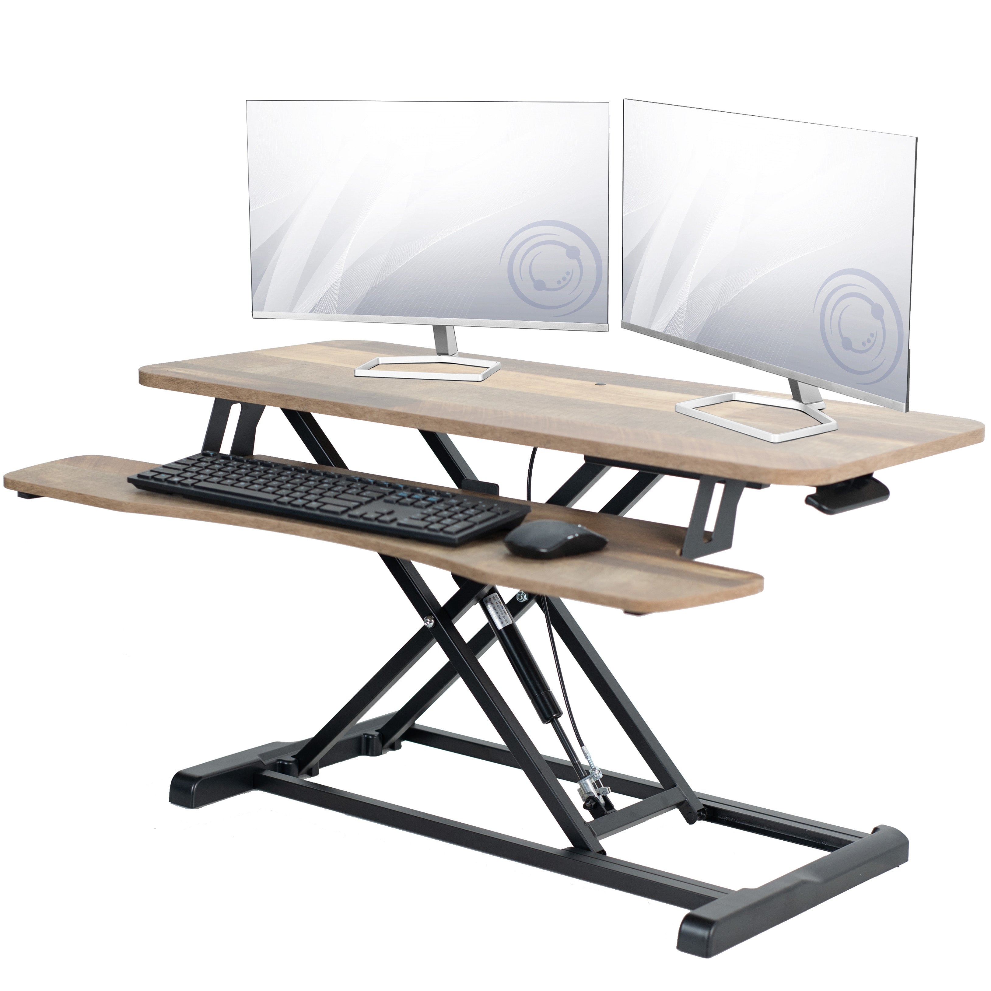 Sturdy height adjustable 2-tiered rustic desk riser for ergonomic office workstation.