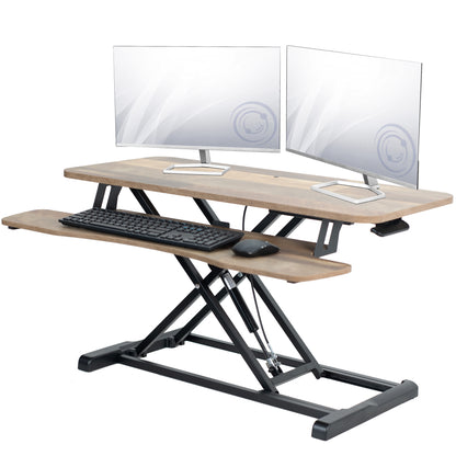 Sturdy height adjustable 2-tiered rustic desk riser for ergonomic office workstation.