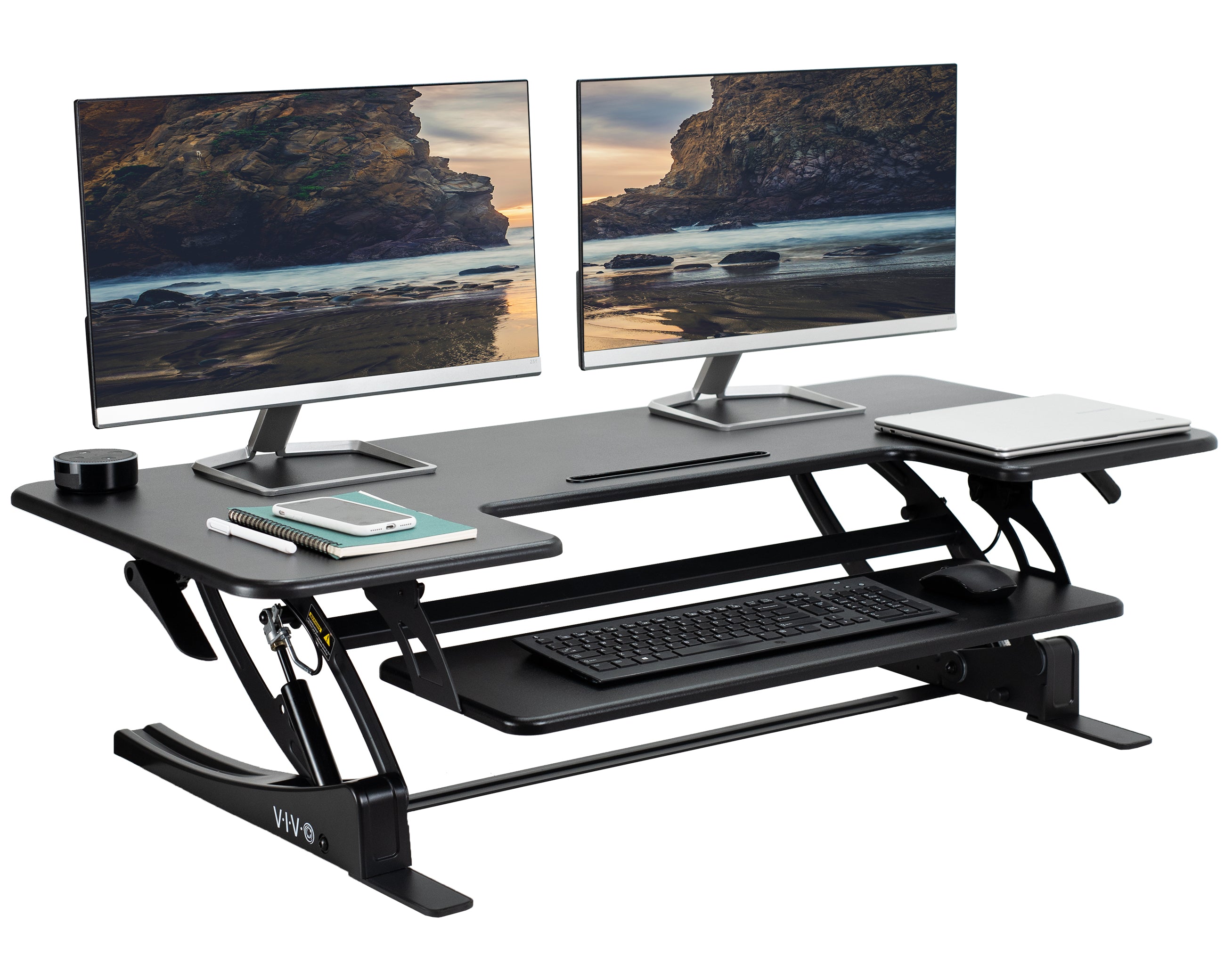 Heavy-duty height adjustable desk converter monitor riser with two tiers.