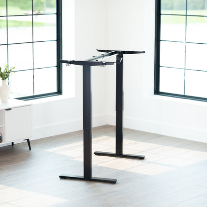 Sturdy ergonomic sit or stand desk frame for active workstation with adjustable height using smart control panel.