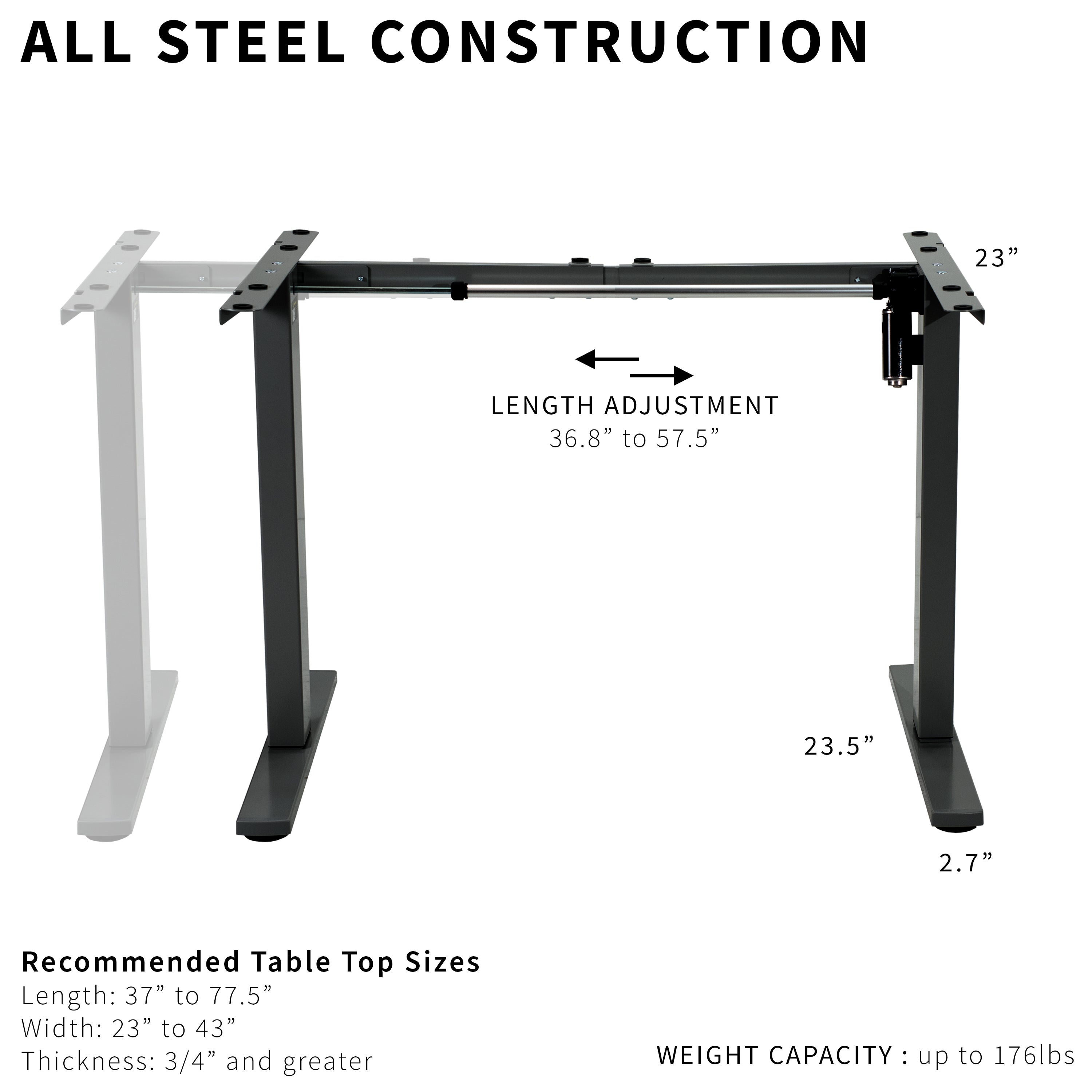 Sturdy ergonomic sit or stand desk frame for active workstation with adjustable length.