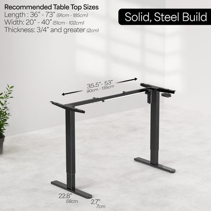 Sturdy ergonomic sit or stand desk frame for active workstation with adjustable height and 2 button controller.