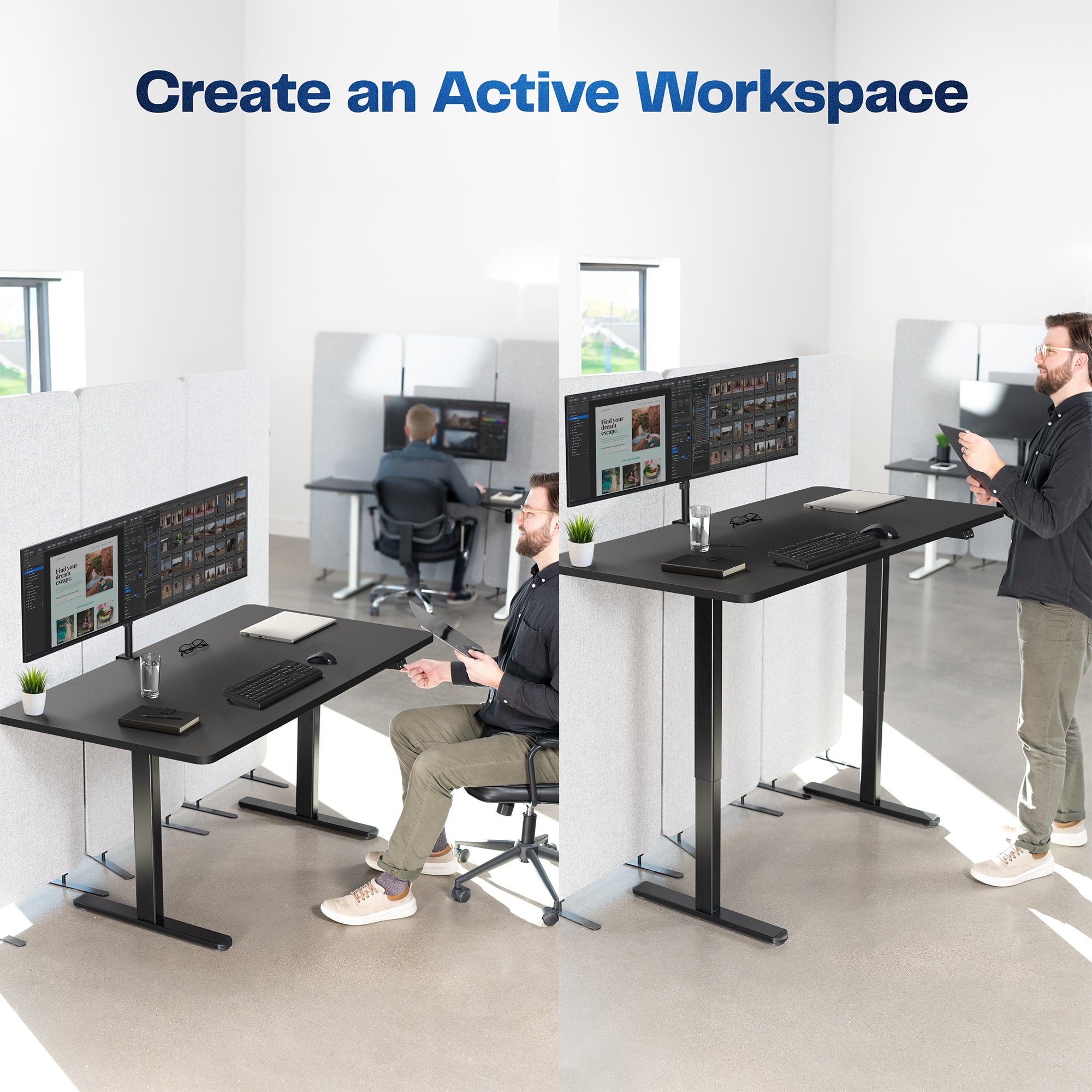 Sturdy steel desk frame shown with a separate top in a modern office space