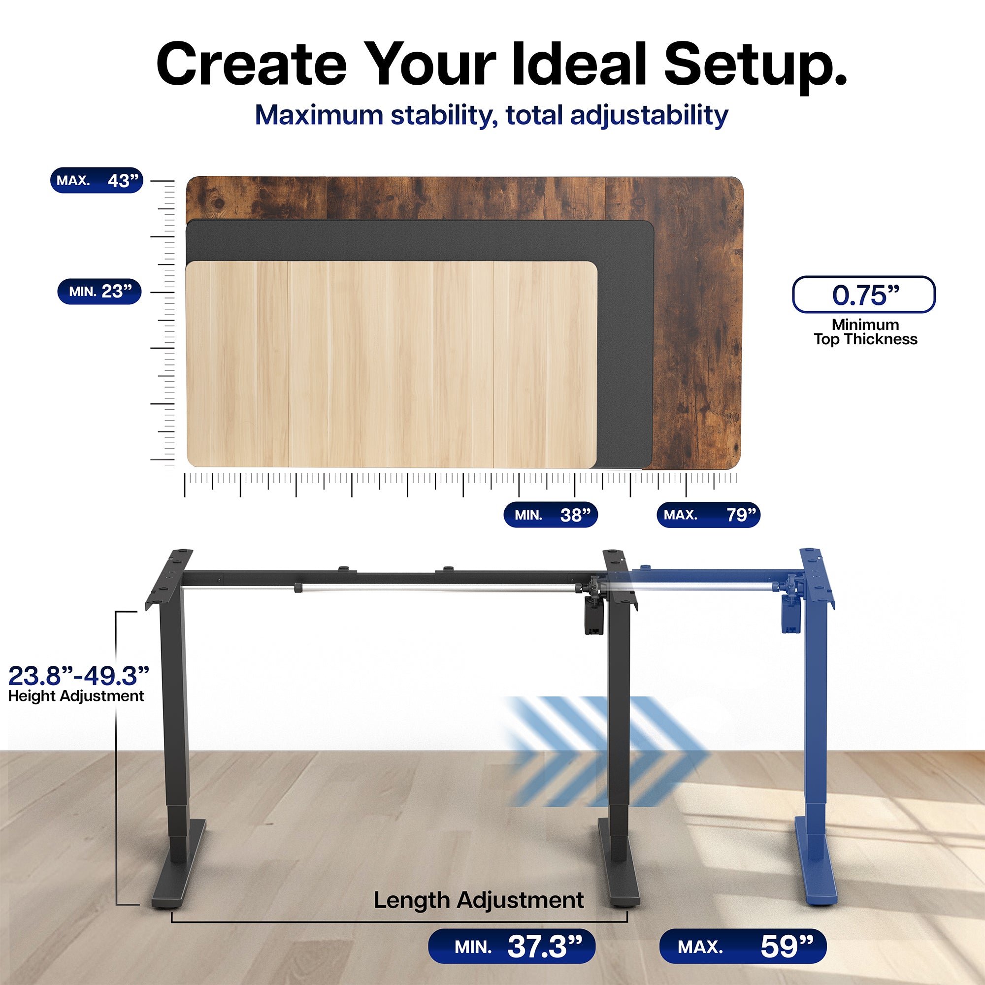 Heavy-duty sit or stand desk frame with adjustable height using touch screen control panel.