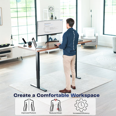 Sit or stand on demand throughout the busy day with this solid frame featuring dual thermal motors and 3-stage telescopic height adjustment.