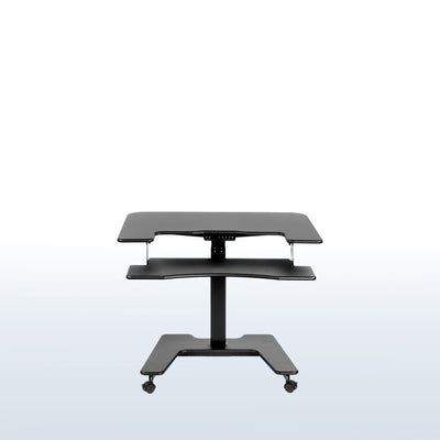 Electric mobile compact desk provides a height adjustable workstation for home or the office, featuring a 2 tier design for your screen and keyboard tray.