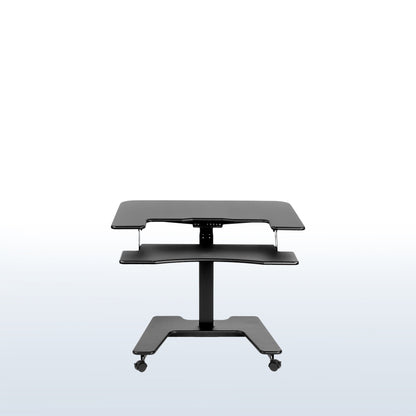 Electric mobile compact desk provides a height adjustable workstation for home or the office, featuring a 2 tier design for your screen and keyboard tray.