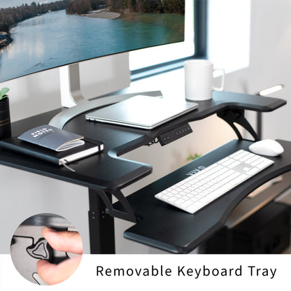 Electric mobile compact desk provides a height adjustable workstation for home or the office, featuring a 2 tier design for your screen and keyboard tray.