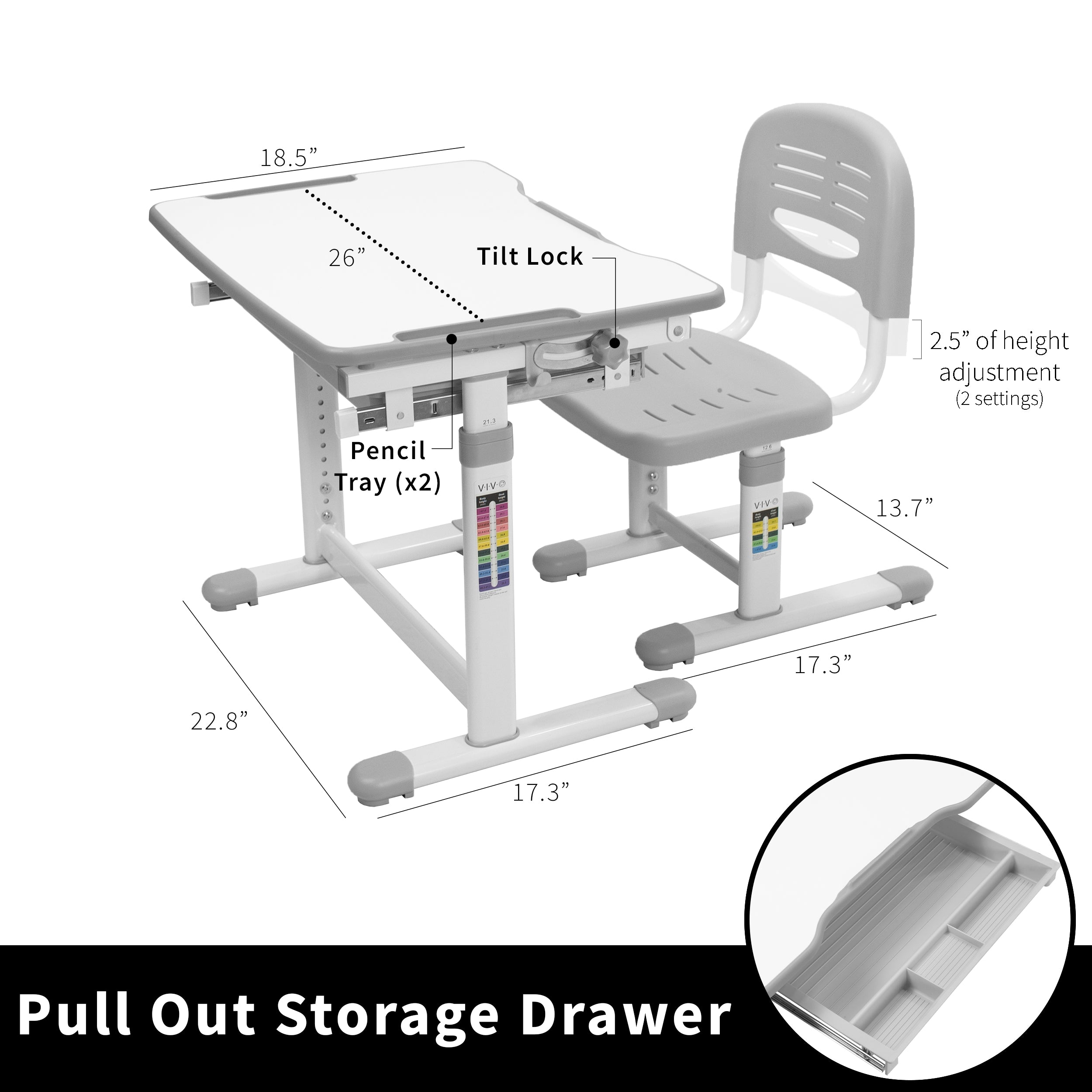 Built-in storage drawer feature of a children's desk.