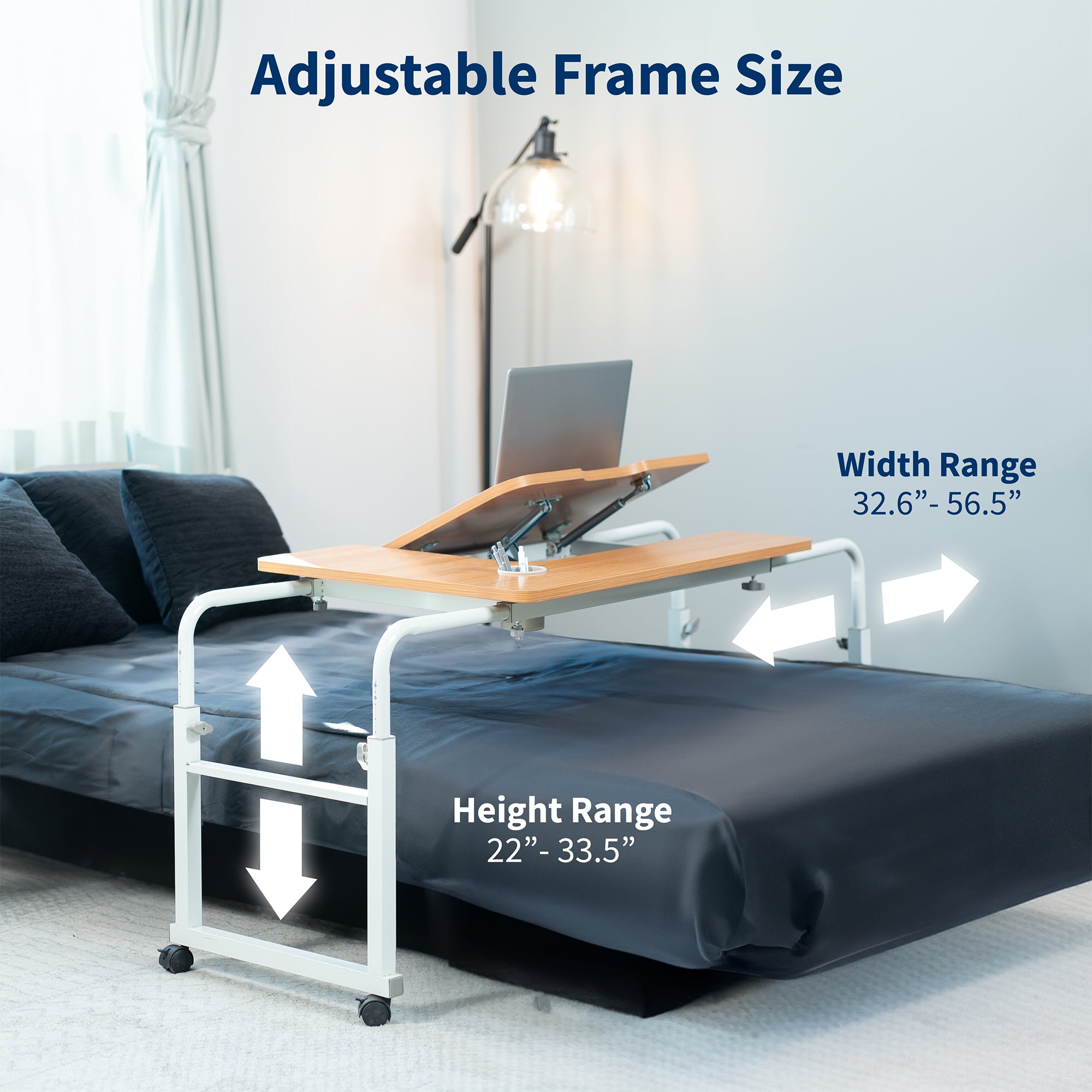 Adjustable bed side table with laptop on top, showing size range details.