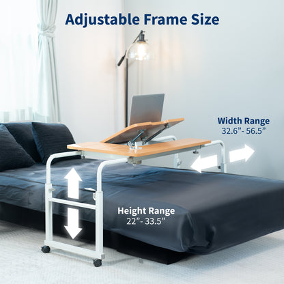 Adjustable bed side table with laptop on top, showing size range details.