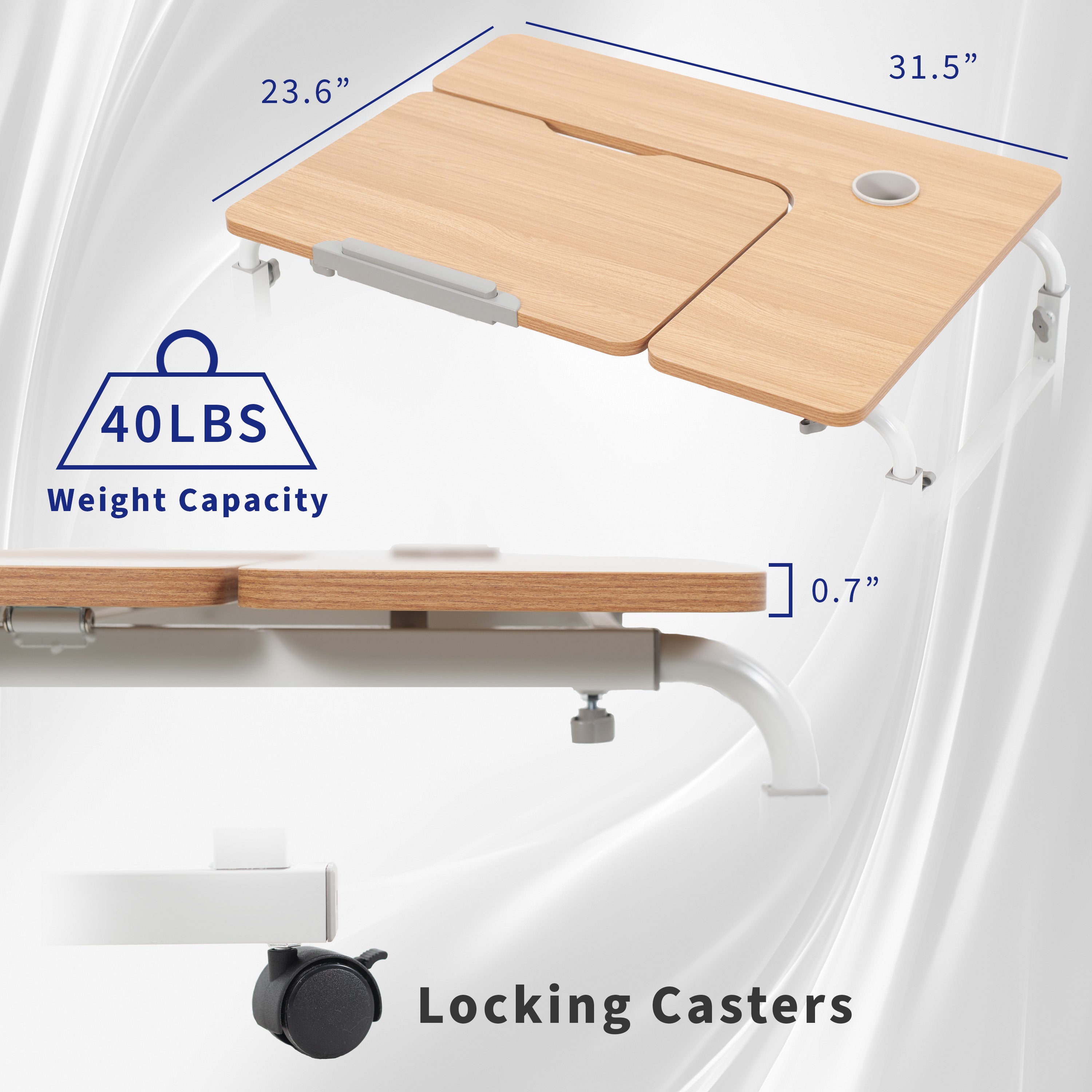 Wooden desk with adjustable tray, measurements, and weight capacity label on a white background