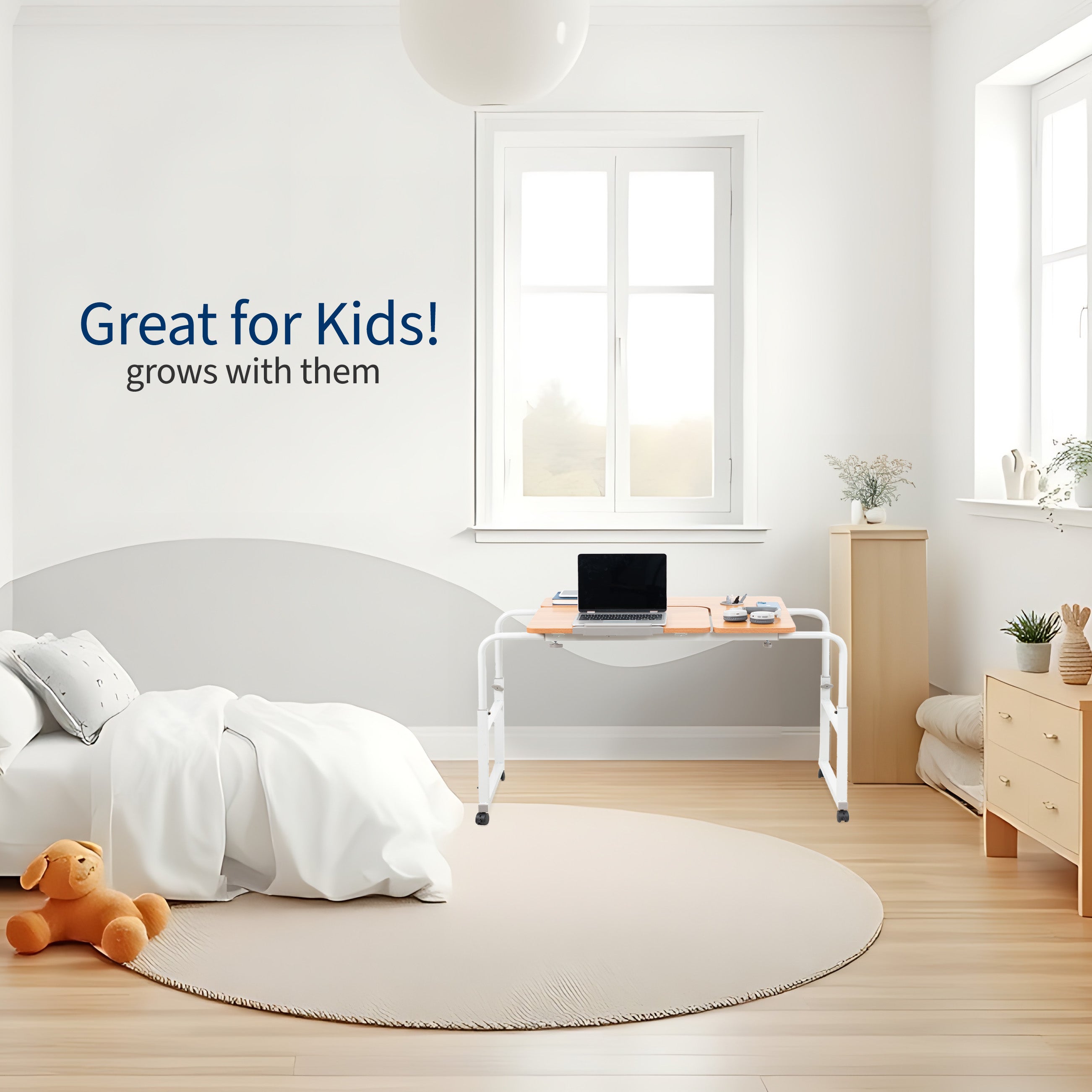 Children's bedroom with a bed, desk, and toys, featuring text 'Great for Kids! grows with them'.