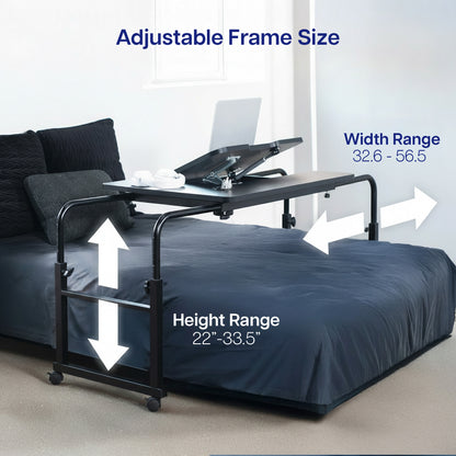 Adjustable over the bed desk with laptop in a bedroom setting, showing size range details.