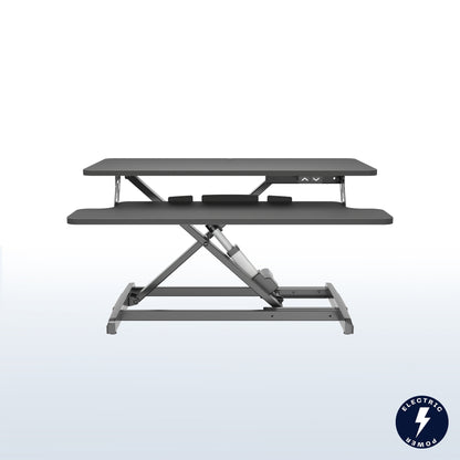 Black Electric Motor Desk Converter, Height Adjustable Riser, Sit to Stand Dual Monitor and Laptop Workstation with Wide Keyboard Tray