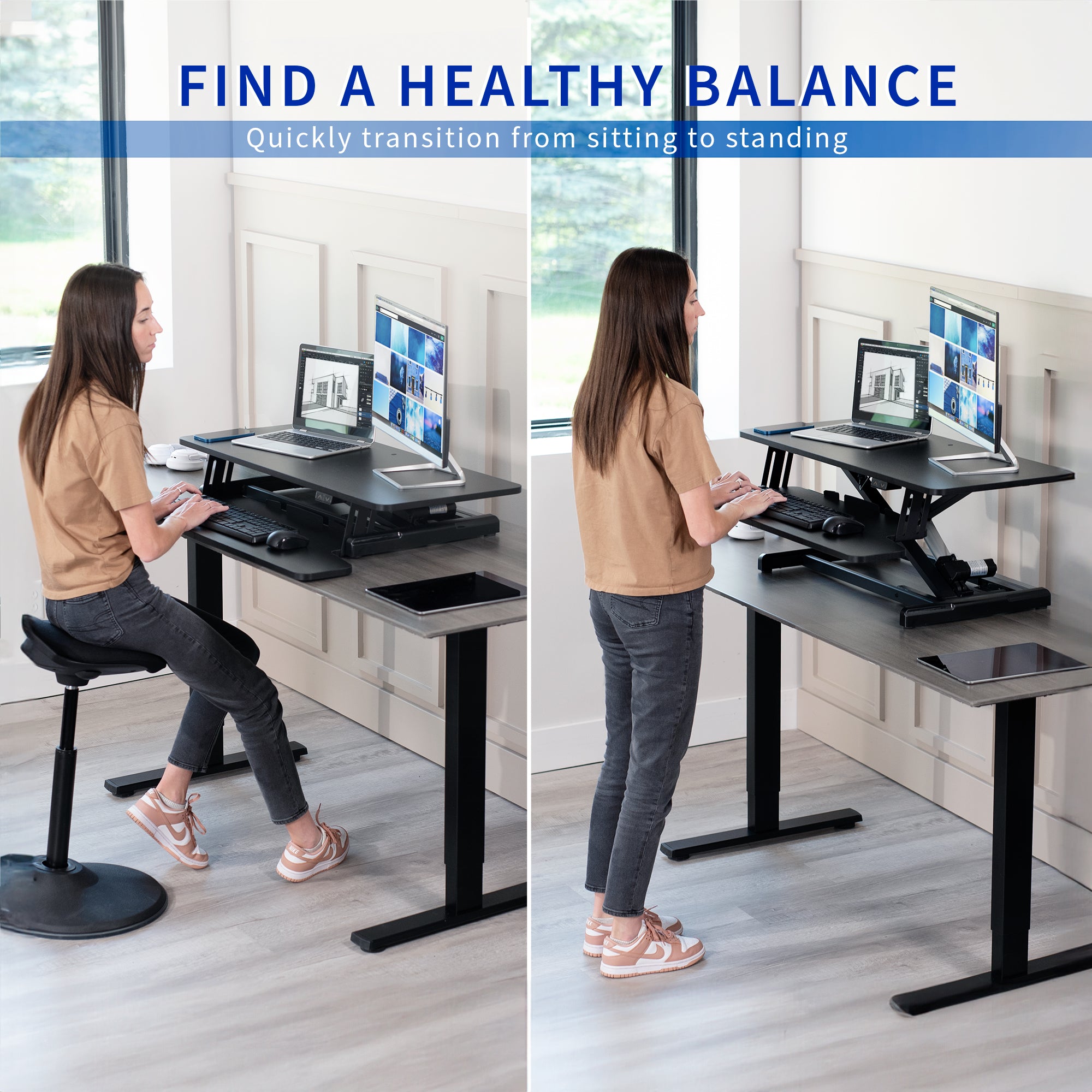 Electric Motor Desk Converter, Height Adjustable Riser, Sit to Stand Dual Monitor and Laptop Workstation with Wide Keyboard Tray