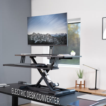 Electric Motor Desk Converter, Height Adjustable Riser, Sit to Stand Dual Monitor and Laptop Workstation with Wide Keyboard Tray