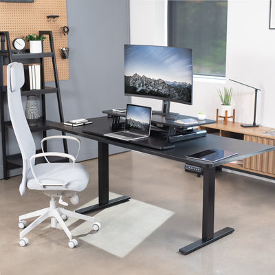 Electric Motor Desk Converter, Height Adjustable Riser, Sit to Stand Dual Monitor and Laptop Workstation with Wide Keyboard Tray