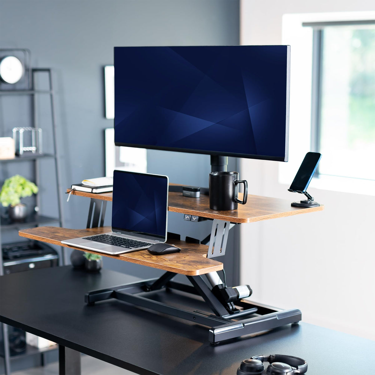 Rustic Electric Motor Desk Converter, Height Adjustable Riser, Sit to Stand Dual Monitor and Laptop Workstation with Wide Keyboard Tray