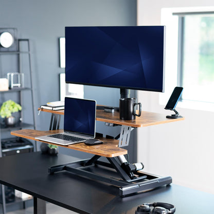 Rustic Electric Motor Desk Converter, Height Adjustable Riser, Sit to Stand Dual Monitor and Laptop Workstation with Wide Keyboard Tray