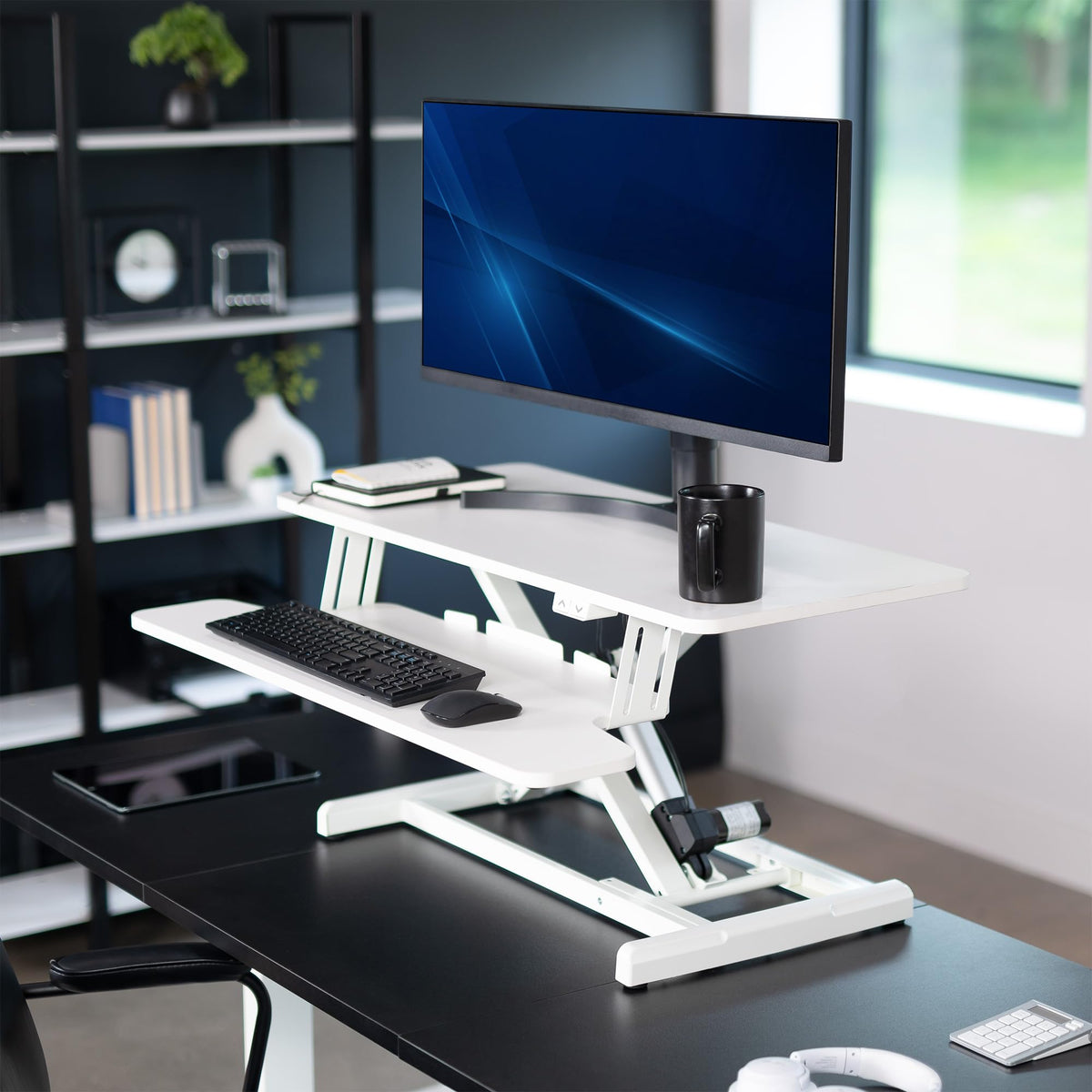 Electric Motor Desk Converter, Height Adjustable Riser, Sit to Stand Dual Monitor and Laptop Workstation with Wide Keyboard Tray