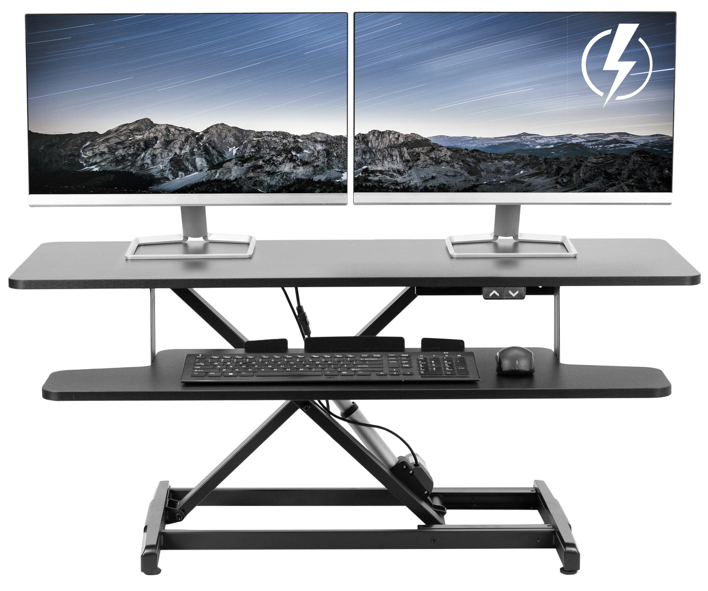 Electric Motor Desk Converter, Height Adjustable Riser, Sit to Stand Dual Monitor and Laptop Workstation with Wide Keyboard Tray